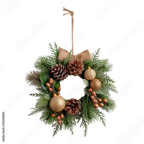 Elegant Christmas Wreath with Pinecones, Berries and Golden Ornaments photo