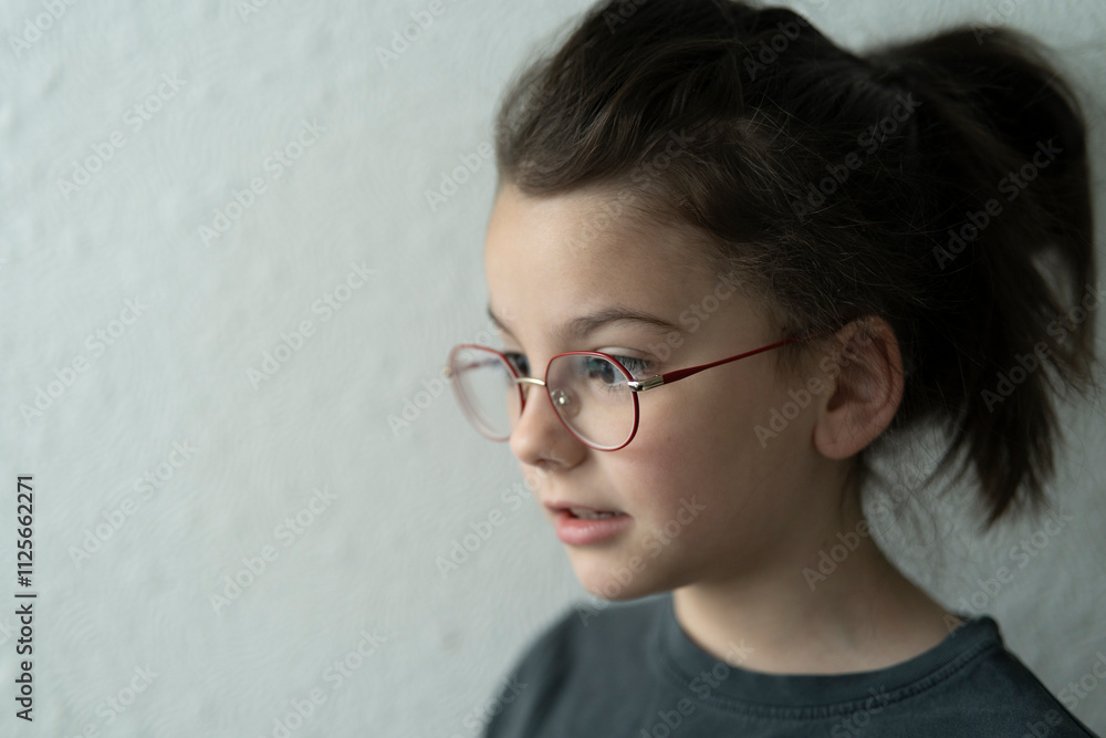 Fototapeta premium little sad girl in glasses standing near white wall. Upset child concept