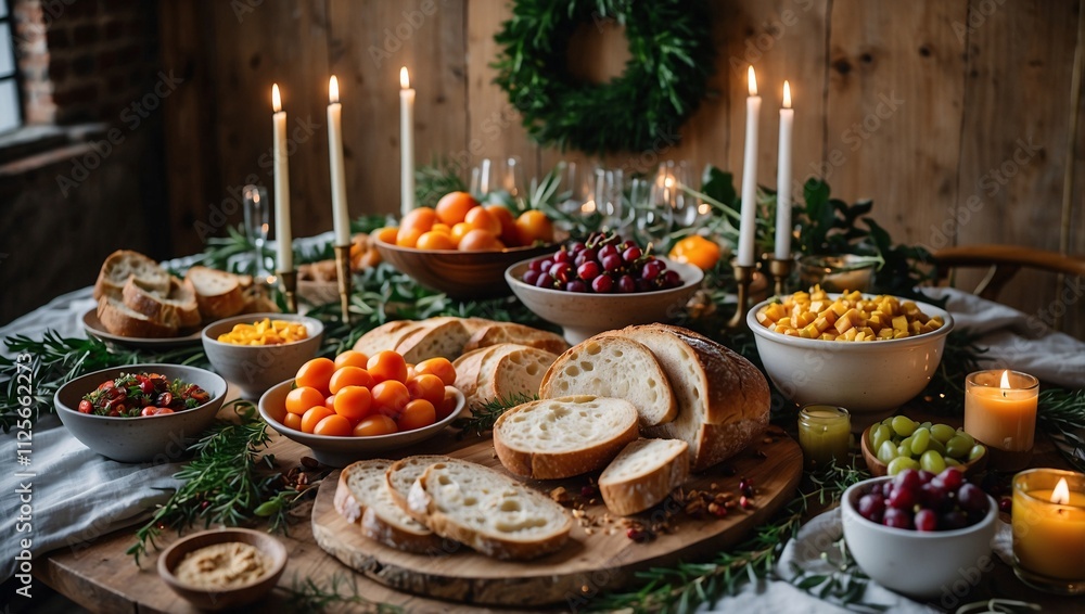 Fototapeta premium New Year’s Grazing Table with Fresh Bread, Dips, and Vegetables
