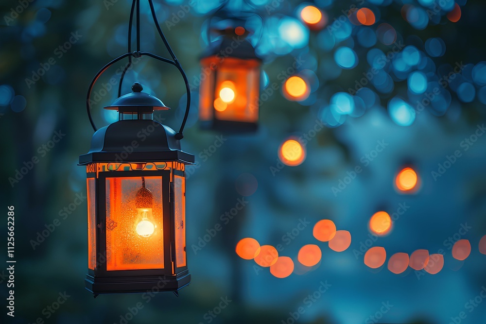 A couple of lanterns hanging from a tree