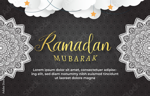 ramadan mubarak 2025 template banner with beautiful islamic ornament with black background design 028