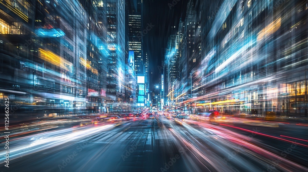 Blurred Street Scene with Moving Lights and Car at Night Blurred Street Scene with Moving Lights and Car at Night