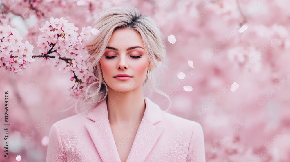 Attractive person and beauty poise, A serene young woman with closed eyes stands among pink cherry blossoms, exuding tranquility and beauty in a softly lit setting. Attractive person and beauty poise, A serene young woman with closed eyes stands among pink cherry blossoms, exuding tranquility and beauty in a softly lit setting.