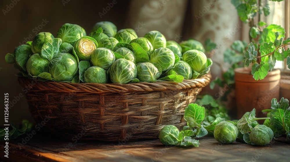 A basket filled with fresh Brussels sprouts. A basket filled with fresh Brussels sprouts.