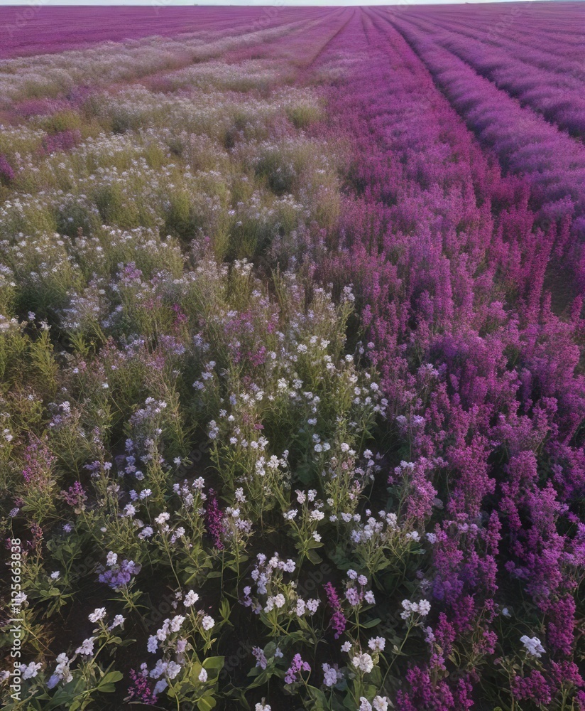 A sweeping aerial view of a field filled with vibrant purple cow peas and a few isolated white field pea blossoms, landscape, spring, aerial A sweeping aerial view of a field filled with vibrant purple cow peas and a few isolated white field pea blossoms, landscape, spring, aerial