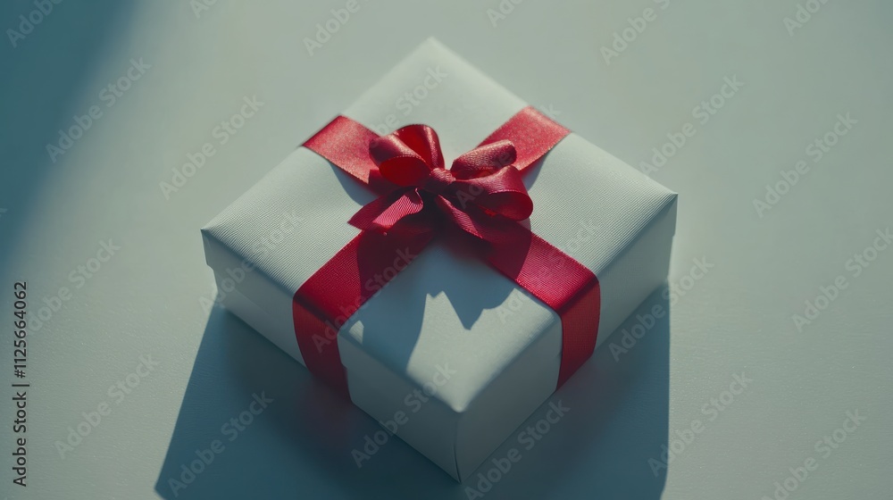 A close-up shot of a white gift box with a vibrant red ribbon bow, positioned on a pristine white background, highlighting the delicate texture of the wrapping paper and the glossy sheen of the ribbon A close-up shot of a white gift box with a vibrant red ribbon bow, positioned on a pristine white background, highlighting the delicate texture of the wrapping paper and the glossy sheen of the ribbon