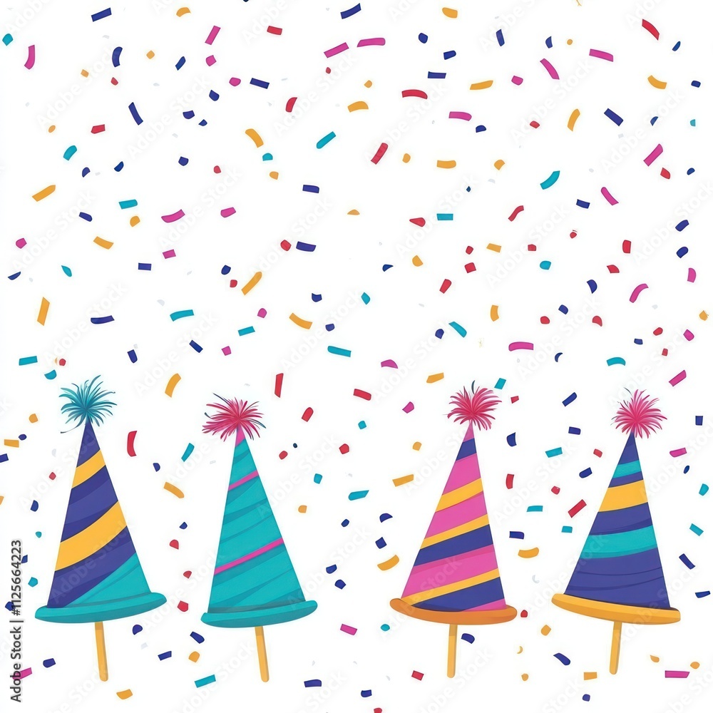 Colorful party hats, confetti, celebration. Colorful party hats, confetti, celebration.