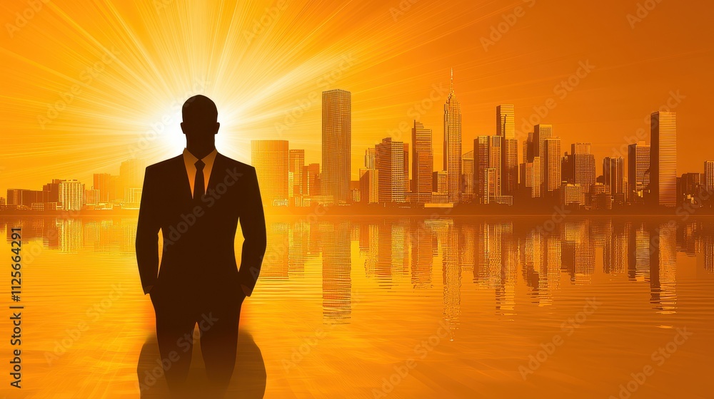 Inspiring businessman silhouette with urban skyline at sunrise a motivational scene Inspiring businessman silhouette with urban skyline at sunrise a motivational scene