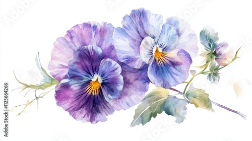 Watercolor Painting of Two Purple Pansies with Leaves
