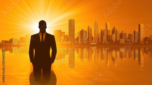 Inspiring businessman silhouette with urban skyline at sunrise a motivational scene