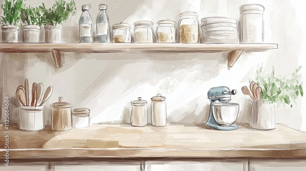 Rustic Kitchen Shelves Displaying Herbs Spices and Appliances Rustic Kitchen Shelves Displaying Herbs Spices and Appliances
