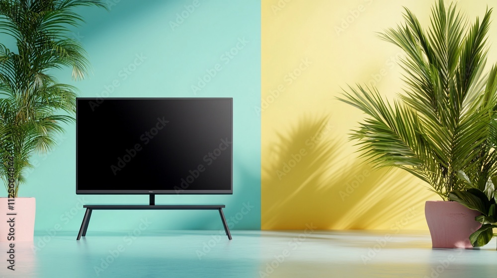 A modern TV setup with plants against a colorful backdrop.