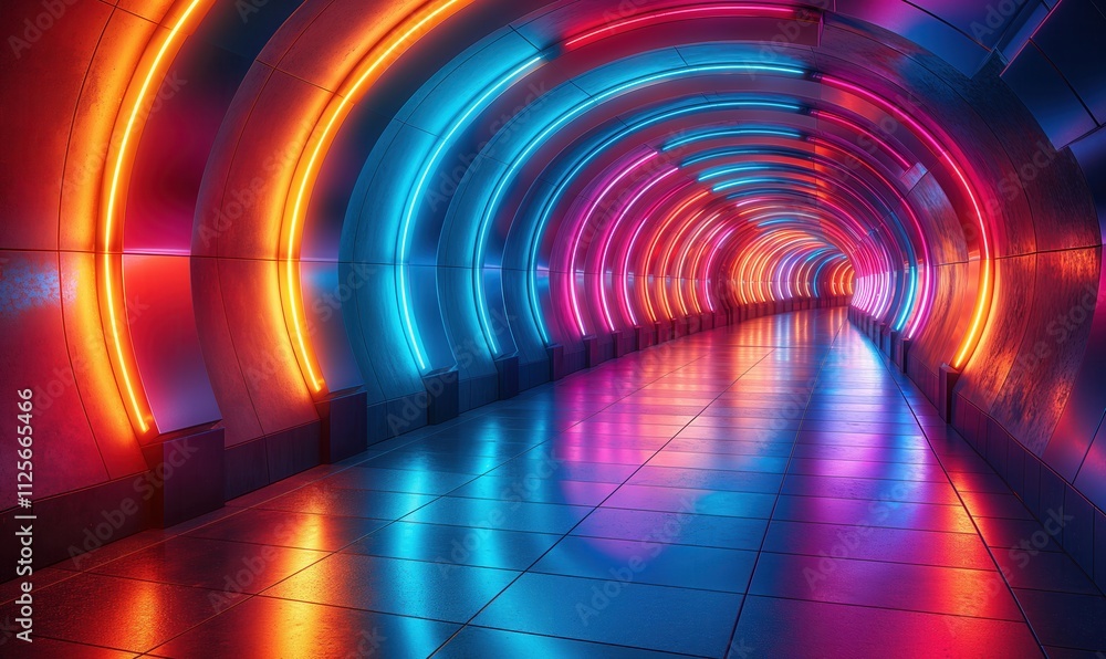 A bright tunnel illuminated by colorful neon lights, creating a dynamic and energetic atmosphere. A bright tunnel illuminated by colorful neon lights, creating a dynamic and energetic atmosphere.