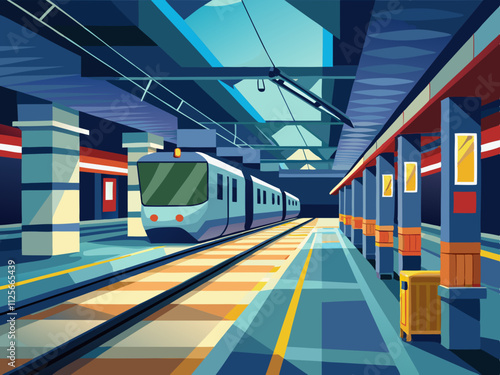 colorful illustration of a clean and modern train platform with illuminated signs.