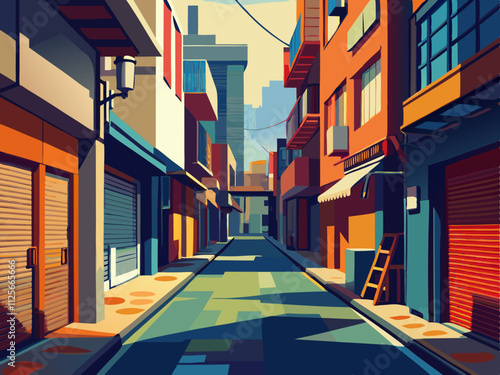 colorful illustration of a hip urban alleyway with colorful wall art and industrial details.