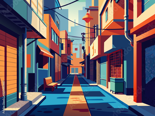 colorful illustration of a hip urban alleyway with colorful wall art and industrial details.