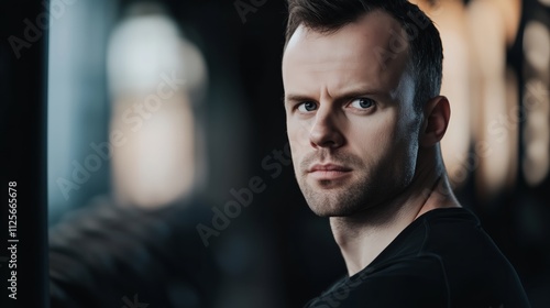 Man with a shaved head and a beard is standing in front of a wall