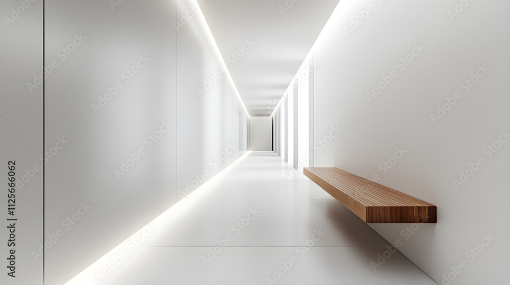 A long, narrow hallway in a sleek white design, featuring a simple wooden bench for a minimalist aesthetic A long, narrow hallway in a sleek white design, featuring a simple wooden bench for a minimalist aesthetic