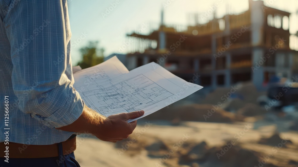 Naklejka premium A person examines blueprints at a construction site during sunset.