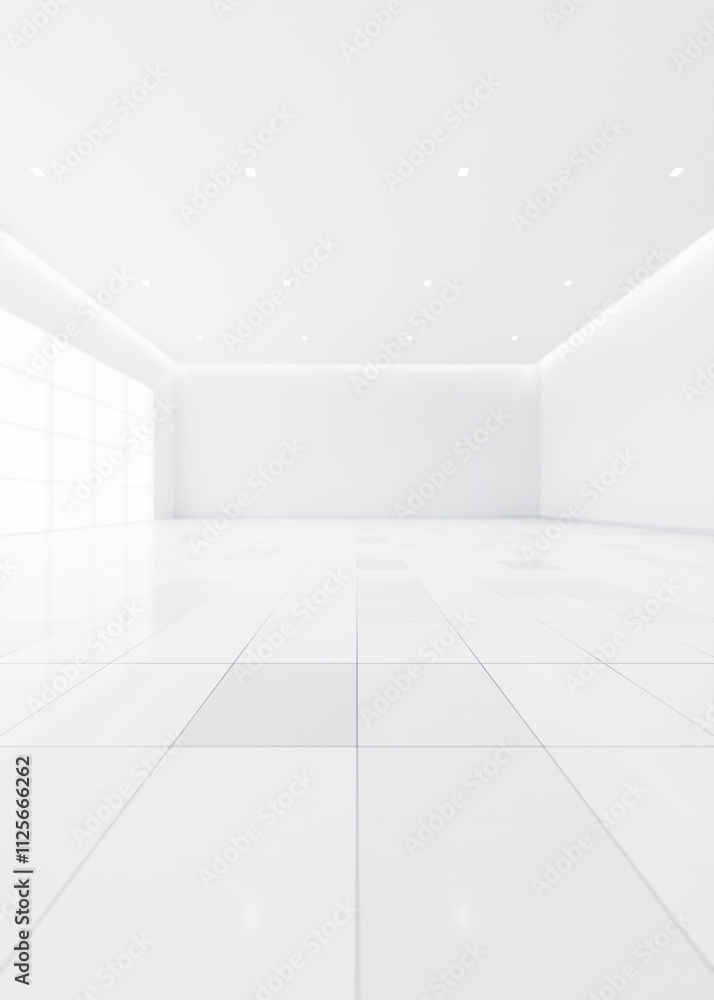 Fototapeta premium 3d rendering of blur background or blur white empty space in room include tile floor in perspective view, light of window. Modern luxury interior home design of living room look clean, bright, shiny.