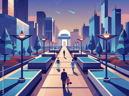 colorful illustration of a tech-inspired urban plaza with LED pathways and abstract sculptures.