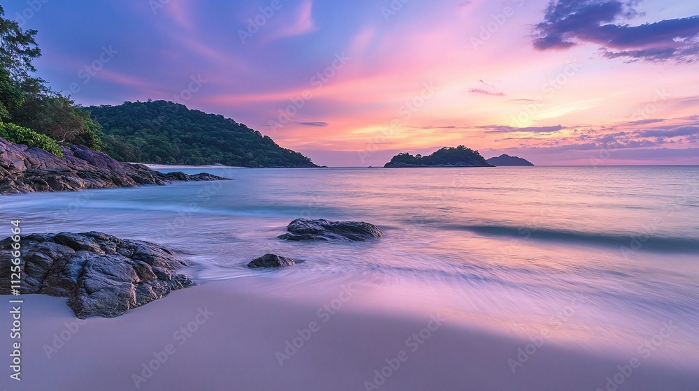 Obraz premium Soft Pink and Purple Gradient Sky During Serene Sunset Over Beach