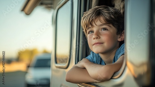 Young boy looking out campervan window, enjoying travel.