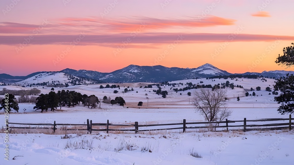 Snowy Countryside at Dusk with Soft Pink and Orange Glow Snowy Countryside at Dusk with Soft Pink and Orange Glow