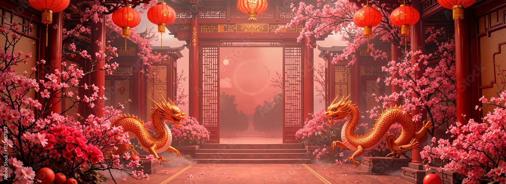 Chinese temple with decorative dragons and cherry blossoms in a festive setting Chinese temple with decorative dragons and cherry blossoms in a festive setting