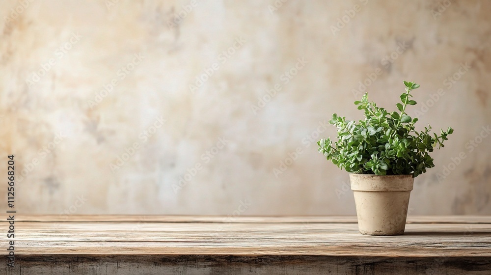 Rustic Wooden Table with Small Green Plant in Simple Pot Rustic Wooden Table with Small Green Plant in Simple Pot