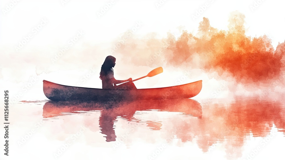 Fototapeta premium Woman Canoeing Alone at Sunrise Peaceful Waters
