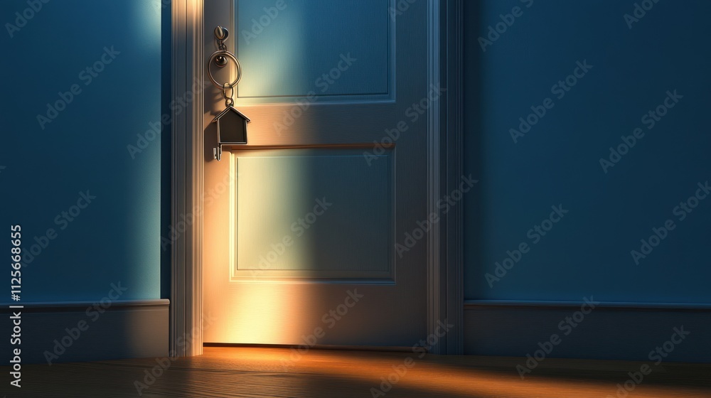 A softly lit door with a key hanging nearby. A softly lit door with a key hanging nearby.