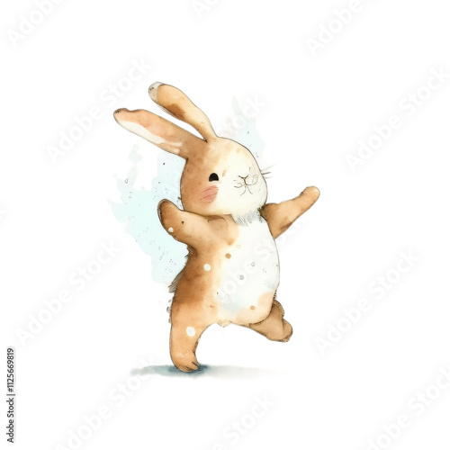 Adorable watercolor dancing bunny illustration white background children's books nursery deco, Easter design greeting card playful animal artwork sticker clipart pet bunny happy veterinary shelter zoo