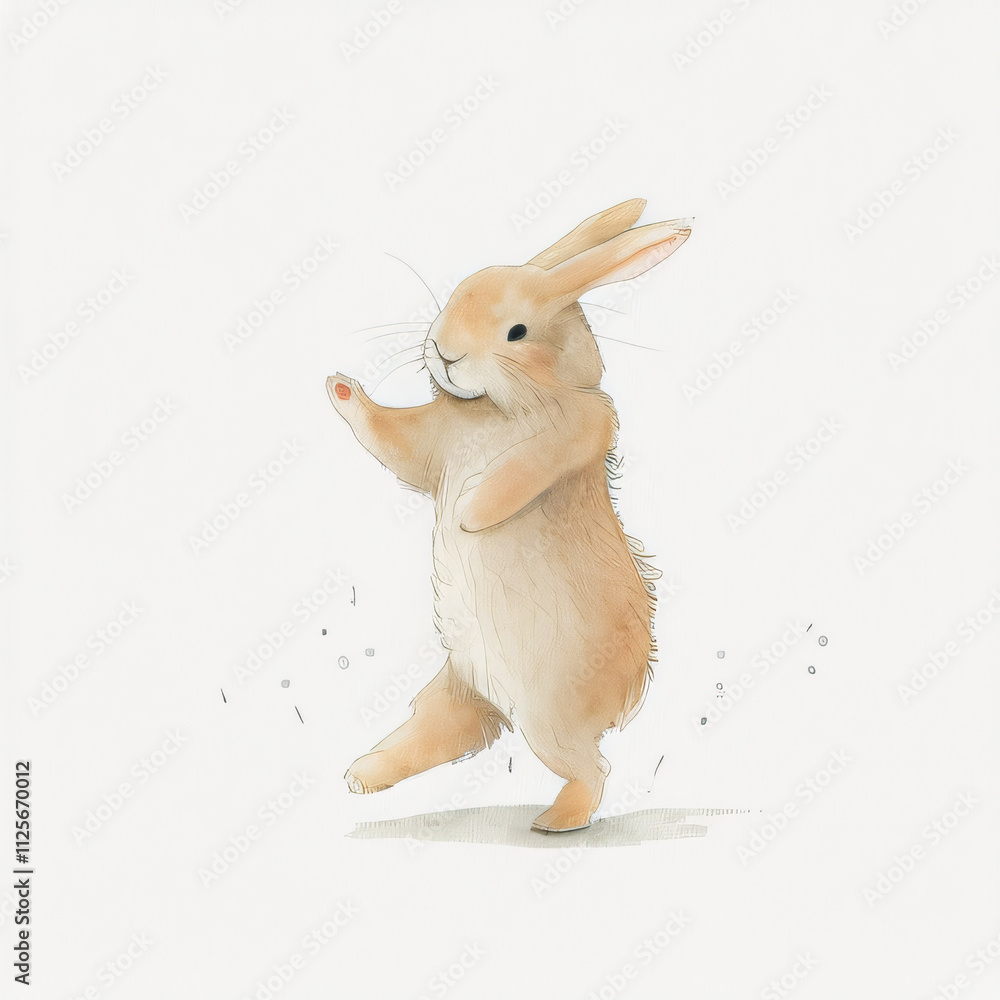 Fototapeta premium Adorable watercolor dancing bunny illustration white background children's books nursery deco, Easter design greeting card playful animal artwork sticker clipart pet bunny happy veterinary shelter zoo