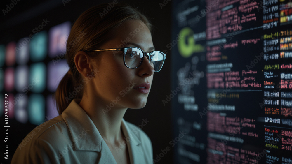 A room illuminated by the light of digital screens and people with glasses focusing on the screens. A room illuminated by the light of digital screens and people with glasses focusing on the screens.