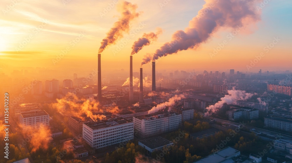 Industrial pollution emission event urban cityscape aerial photography dusk atmosphere environmental impact concept Industrial pollution emission event urban cityscape aerial photography dusk atmosphere environmental impact concept