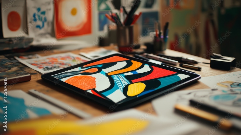 Creative art studio workspace home digital artwork artistic environment overhead view inspiration in action Creative art studio workspace home digital artwork artistic environment overhead view inspiration in action