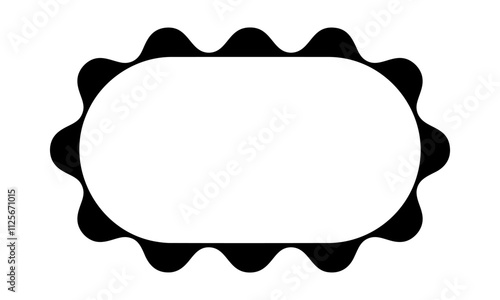 Rectangular oval frame with scallop borders. Tag, label, box or sticker template with wavy edges isolated on white background. Mirror or picture vignette. Vector graphic illustration.