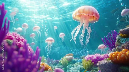 Vibrant underwater scene with jellyfish swimming amidst colorful coral reefs. Sunbeams illuminate the ocean floor.