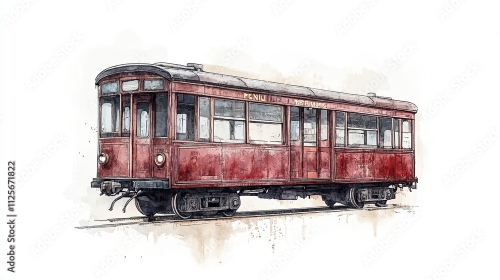 Fototapeta premium Vintage Red Train Car Watercolor Illustration