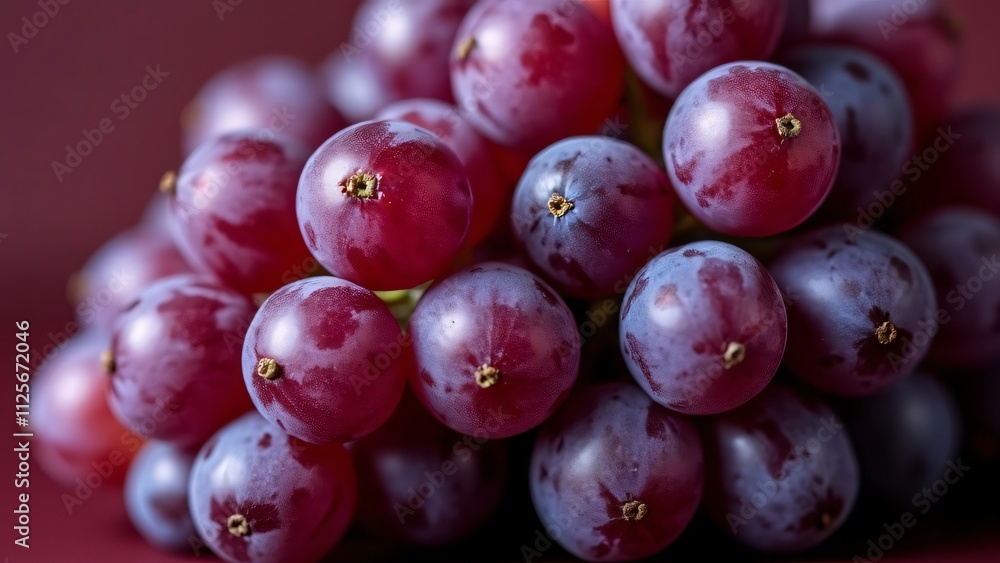 Close-up of Deep Purple Grape Cluster, Soft Texture, Red Background Close-up of Deep Purple Grape Cluster, Soft Texture, Red Background