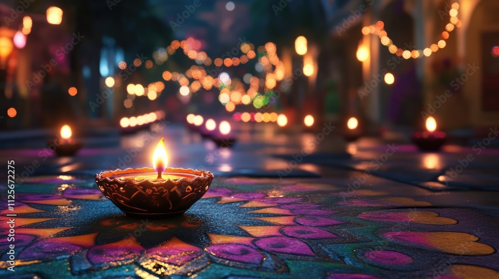 Happy Diwali - Lit diya lamp on street at night. Happy Diwali festival with oil lamp, Diwali holiday Background with rangoli, Diwali celebration greeting card. 3d render Happy Diwali - Lit diya lamp on street at night. Happy Diwali festival with oil lamp, Diwali holiday Background with rangoli, Diwali celebration greeting card. 3d render