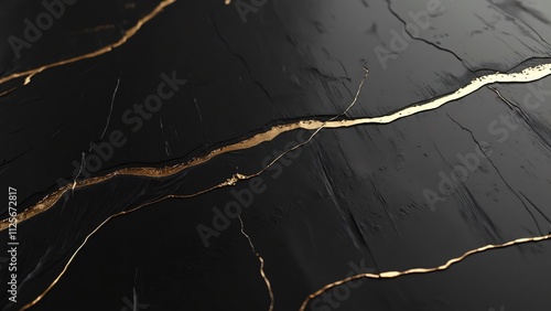 Deep Black Lacquer Texture with Gold Veins, Luxury Abstract Background photo