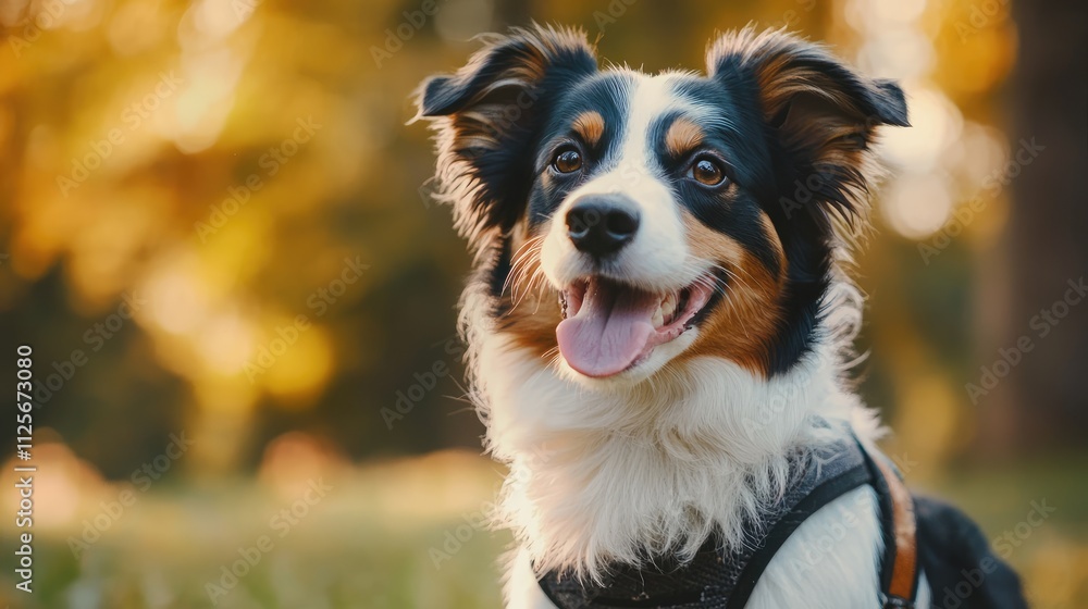 Happy dog wearing a comfortable harness enjoying a sunny day in the park with playful energy Happy dog wearing a comfortable harness enjoying a sunny day in the park with playful energy