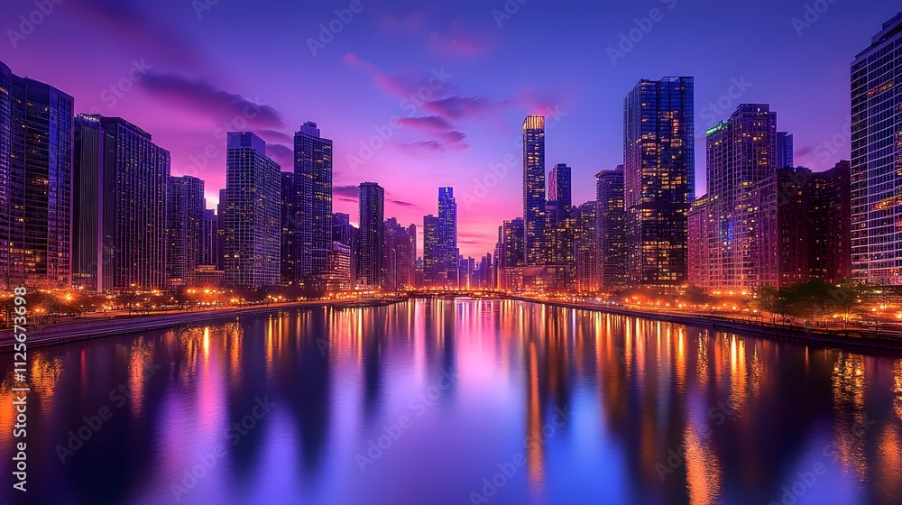 Stunning cityscape at twilight, showcasing skyscrapers reflecting in the river. Stunning cityscape at twilight, showcasing skyscrapers reflecting in the river.