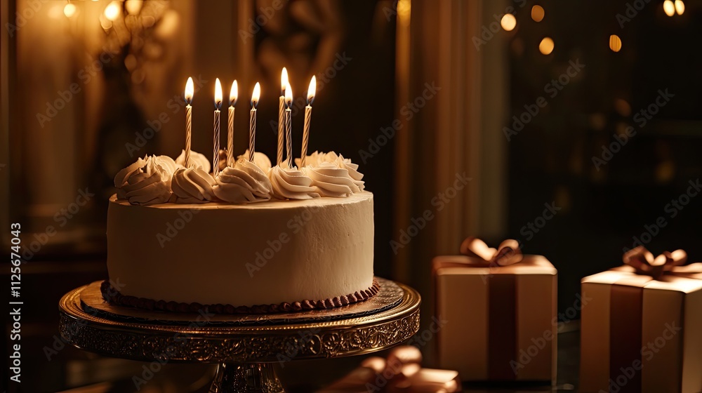 Elegant birthday scene, stylish cake with candles, luxury gift boxes, and a sophisticated greeting card Elegant birthday scene, stylish cake with candles, luxury gift boxes, and a sophisticated greeting card