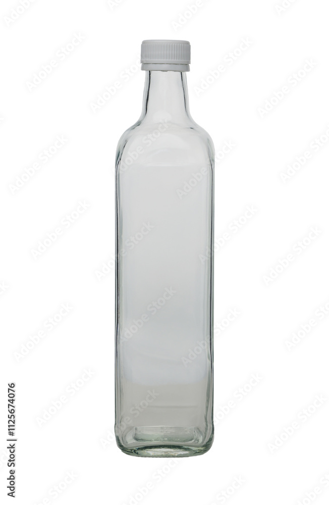 Clear glass bottle standing upright on a neutral background, showcasing simplicity and elegance in design Clear glass bottle standing upright on a neutral background, showcasing simplicity and elegance in design