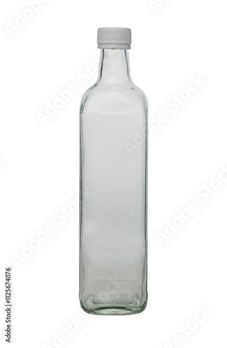 Clear glass bottle standing upright on a neutral background, showcasing simplicity and elegance in design