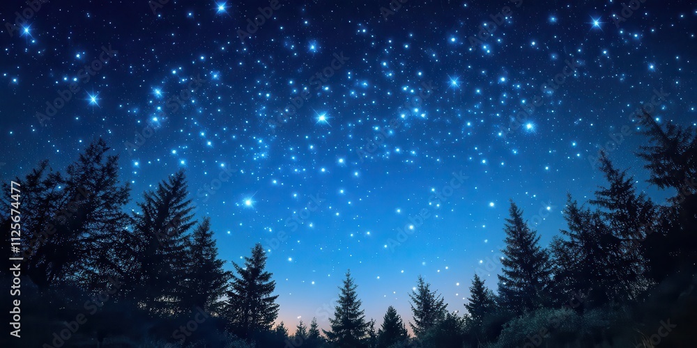 A serene night sky filled with stars over a forest silhouette. A serene night sky filled with stars over a forest silhouette.