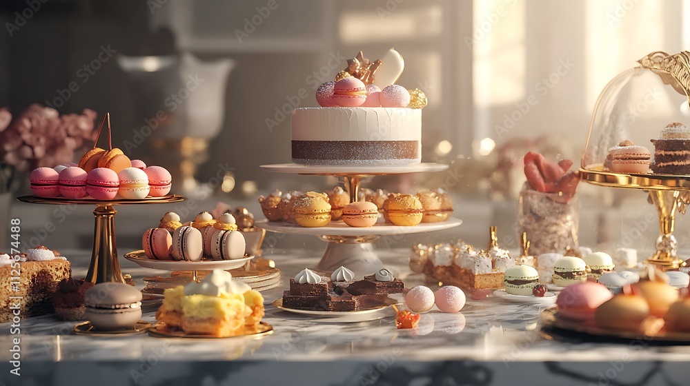 A Luxurious Dessert Table: A Delightful Array of Macarons, Cakes, and Pastries A Luxurious Dessert Table: A Delightful Array of Macarons, Cakes, and Pastries